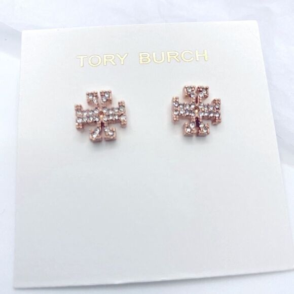 NWOT Tory Burch Rose Gold Logo Shape Pave Stud Earrings - Picture 5 of 6